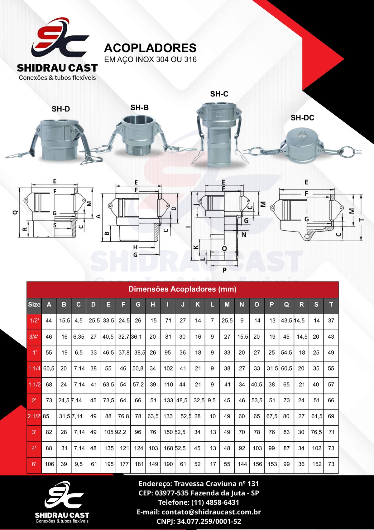 Tabela de dimensões dos acopladores em aço inox 304/316