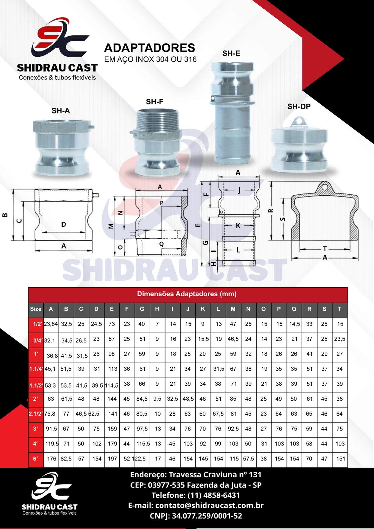 Tabela de dimensões dos adaptadores em aço inox 304/316